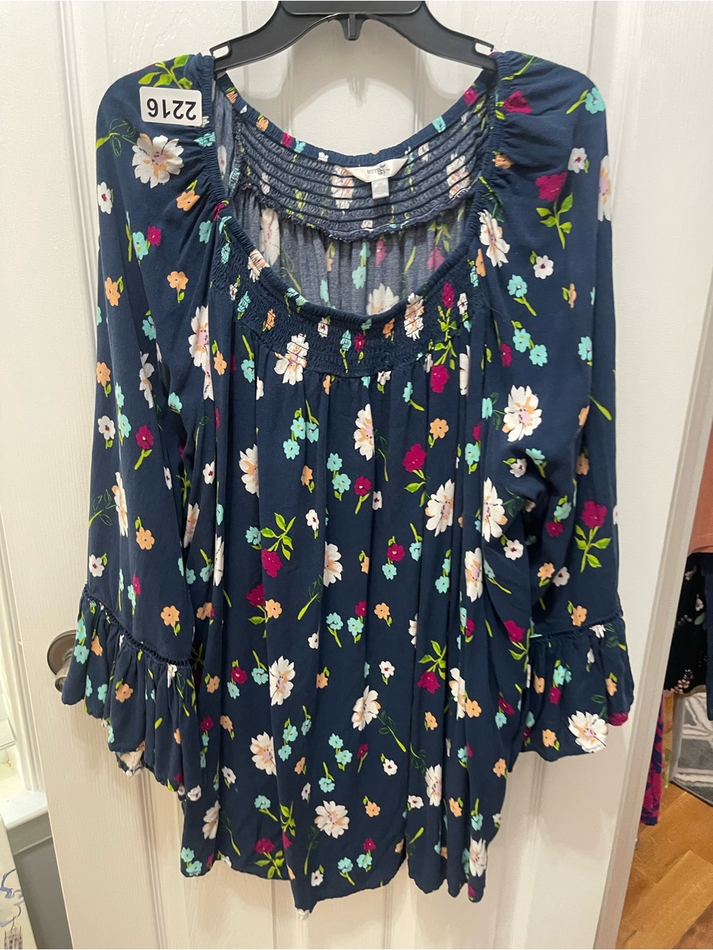 Terra & Sky Navy Floral Smocked-Yoke Tunic with Ruffle Cuffs